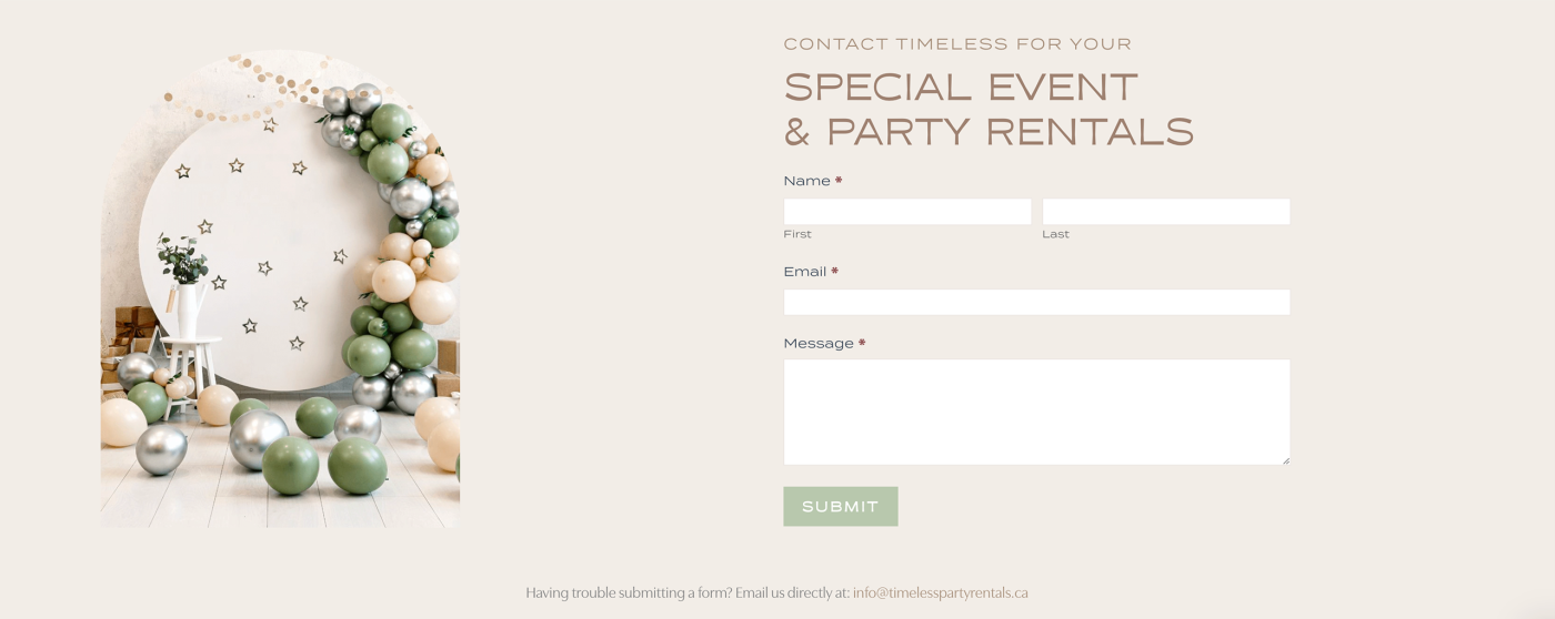 Timeless Party Rentals Contact section